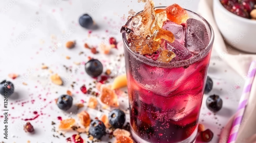 Refreshing Berry Drink with Ice Splash on White Surface Refreshing Berry Drink with Ice Splash on White Surface