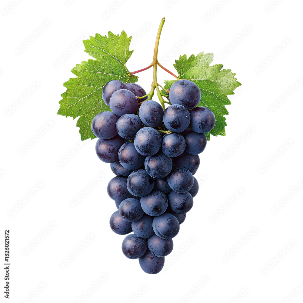 Bunch of fresh dark grapes with leaves isolated on transparent background. Healthy fruit, natural food.