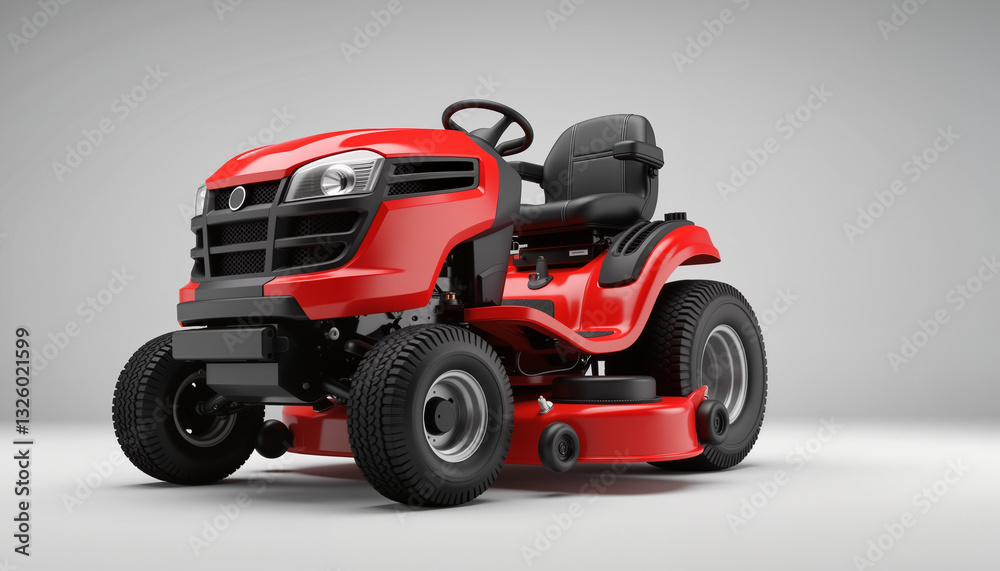 Red tractor-style lawn mower with four wheels and operator seat Red tractor-style lawn mower with four wheels and operator seat