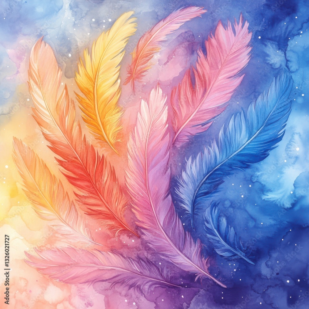 Fototapeta premium Colorful Watercolor Feathers on a Cosmic Background