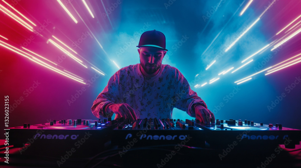 Fototapeta premium DJ skillfully mixes music under vibrant lights during a lively party atmosphere