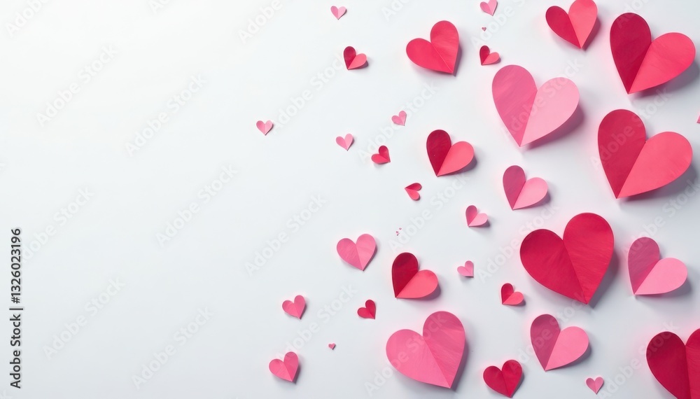 Scattered tiny paper hearts, white background, white, flat lay Scattered tiny paper hearts, white background, white, flat lay