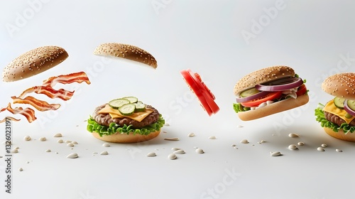 photography depicting a hamburger in free fall its components dispersing across a blank white canvas captured in a series of sequential frames that convey a dynamic