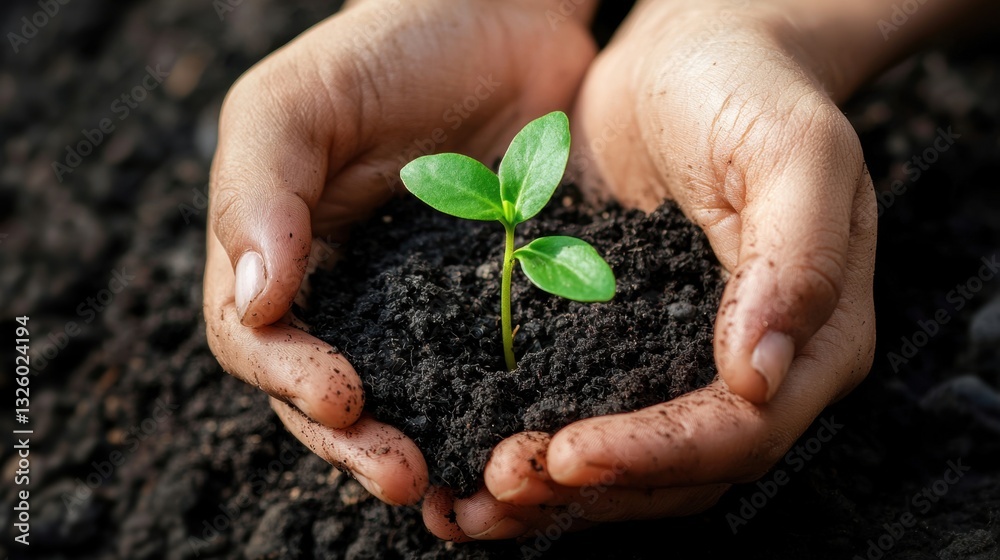 Two hands support a small green plant emerging from dark, fertile soil, symbolizing care for nature and the environment Two hands support a small green plant emerging from dark, fertile soil, symbolizing care for nature and the environment