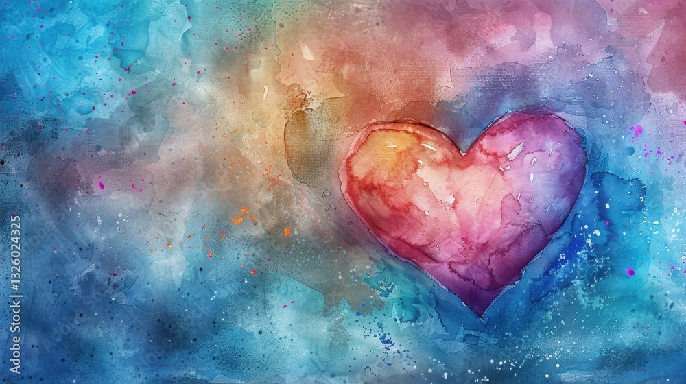 Fototapeta premium Digital Watercolor Heart: A vibrant heart with digital watercolor effects, symbolizing the seamless connection of organic emotions with the power of digital technology. 