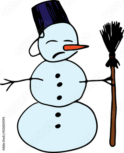 sad snowman with a bucket on his head with a broom in his hand with a carrot instead of a nose closed his eyes
