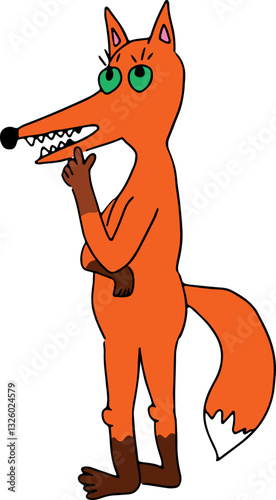 a thoughtful ginger fox standing on two legs opened his mouth and put his finger to his chin and looks up