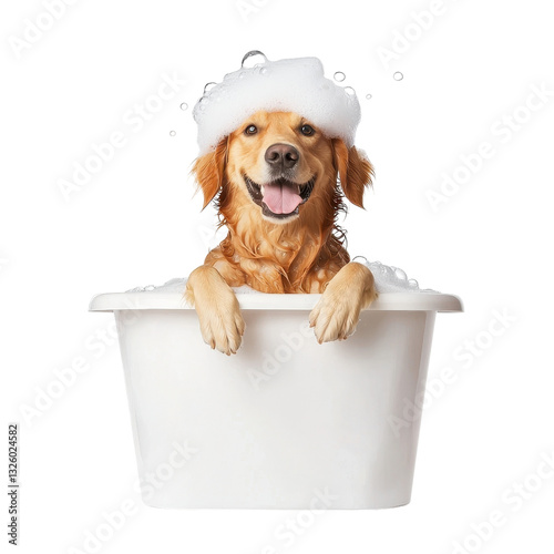 Happy golden retriever dog in a bathtub with soap bubbles. Concept of pet care, grooming, and hygiene.