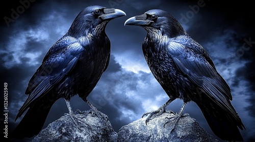 Two ravens face each other atop rocky cliffs against a stormy sky.