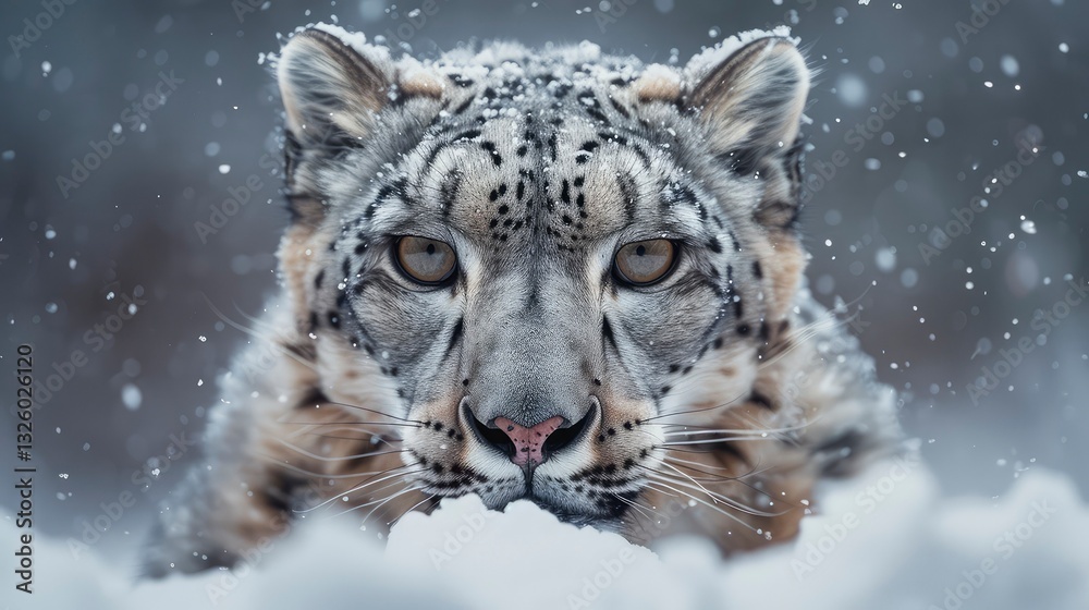 The intense gaze of a snow leopard captured up close, The intense gaze of a snow leopard captured up close,