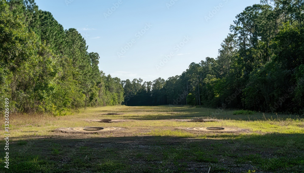Obraz premium Archery targets in place, range deserted, trees bordering.