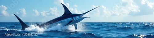 Giant black marlin airborne, swordfish impaled, tropical ocean, tropical, marlin