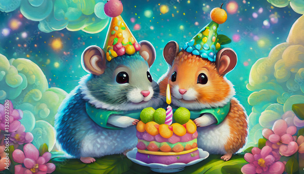 Fototapeta premium CARTOON CHARACTER CUTE baby cute hamsters, wearing a tiny party, oil painting style