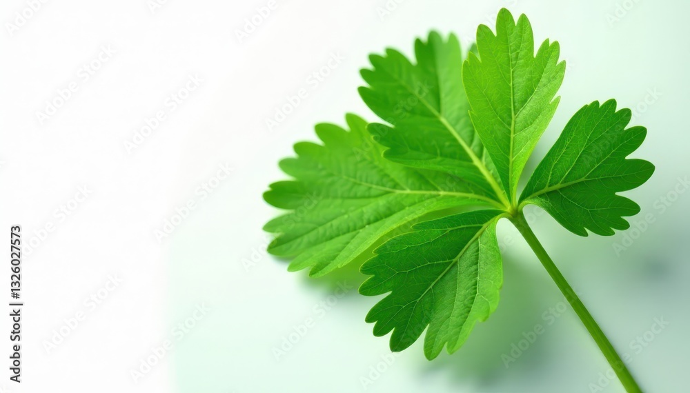 Intricate network of veins on water parsley leaf, crisp white background , isolated, plantlife, herb Intricate network of veins on water parsley leaf, crisp white background , isolated, plantlife, herb