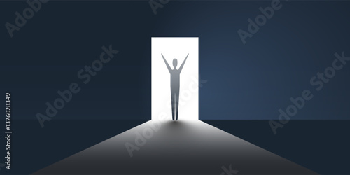 New Possibilities, Hope - Business Finding Solution Vector Concept - A Human Silhouette Standing in a Doorway to a Dark Room - Minimalist Vector Concept, Symbol of Light at the End of the Tunnel