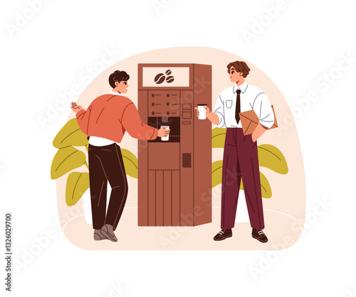Employees take beverages from vending coffee machine. Office workers with drinks talk while lunch. Colleagues communicate informally at break. Flat isolated vector illustration on white background