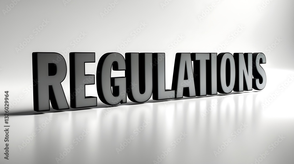 Dark gray text reading regulations on a clean surface reflecting light Dark gray text reading regulations on a clean surface reflecting light