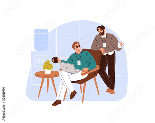 Colleagues with drinks talk informally in office kitchen. Employees with beverages communicate at lunch. Workers converse while coffee break. Flat isolated vector illustration on white background