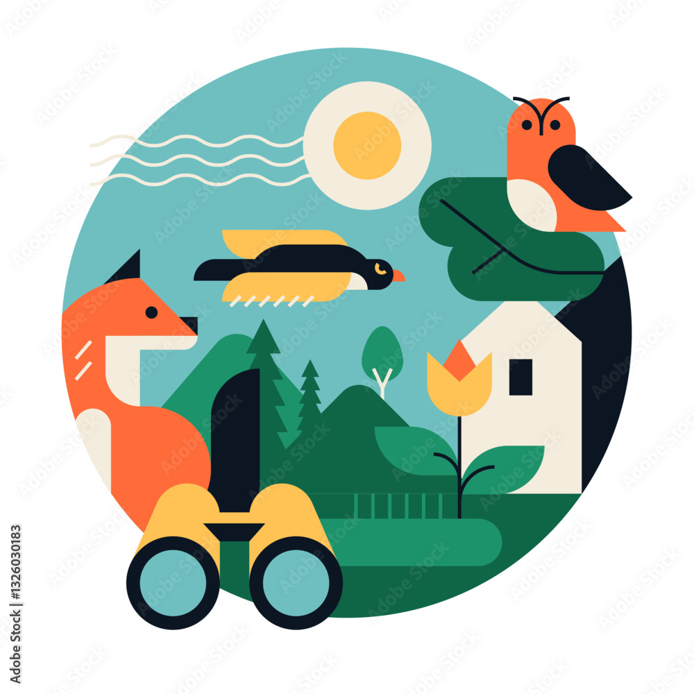 Obraz premium Birdwatching, beauty of nature - flat design style illustration