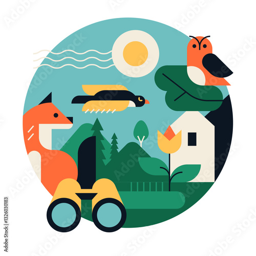 Birdwatching, beauty of nature - flat design style illustration