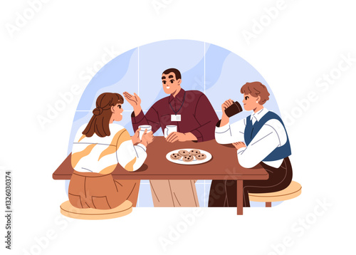 Team of colleagues drinks beverages, talk in office kitchen. Employees sit at table, communicate while coffee break. Workers converse at lunch together. Flat isolated vector illustration on white