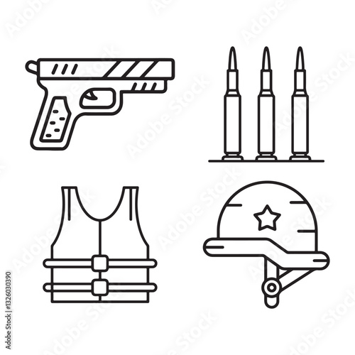 Detailed Gun, Helmet, and Bullet Vector Illustration Set