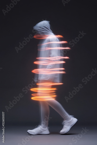 Hooded model walking with light trails effect in studio