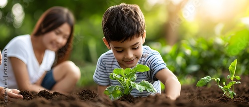 Children planting seeds in a garden outdoors nature activity bright day close-up perspective growing future