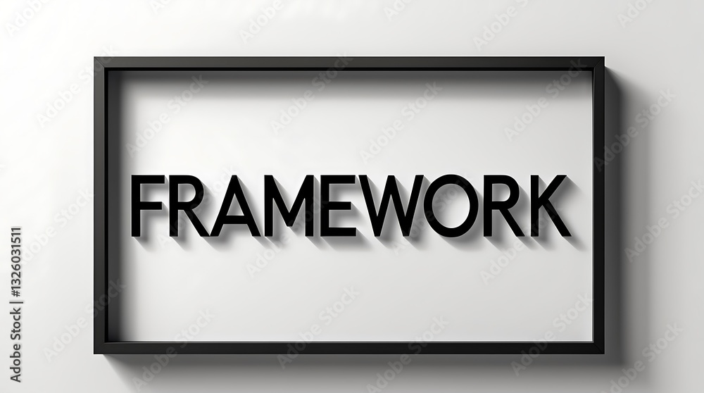 Creative display of the word framework within a black rectangular frame on a neutral wall Creative display of the word framework within a black rectangular frame on a neutral wall