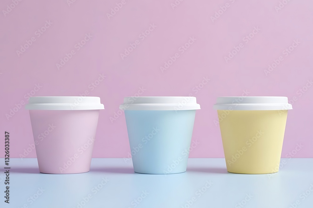 Ultra-realistic ice cream tub set on pastel background: four identical cups with white lids, aligned in a row, minimalist style with soft lighting and gentle shadows. Ultra-realistic ice cream tub set on pastel background: four identical cups with white lids, aligned in a row, minimalist style with soft lighting and gentle shadows.