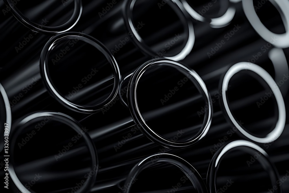 Close-up of glossy black metal pipes stacked against a black background, showcasing intricate details and cinematic lighting in a super-realistic, high-resolution industrial design concept. Close-up of glossy black metal pipes stacked against a black background, showcasing intricate details and cinematic lighting in a super-realistic, high-resolution industrial design concept.