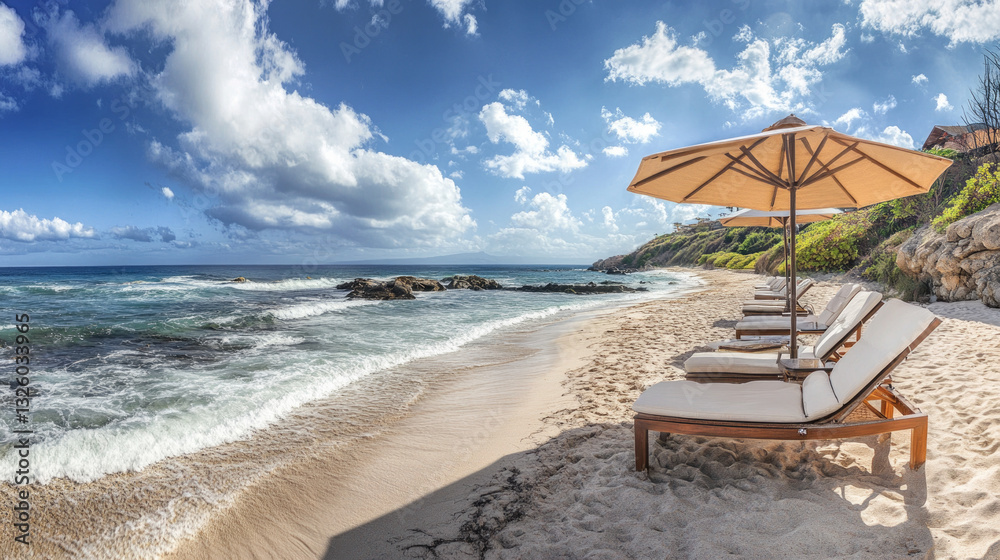 Relaxing view of a beach chair and umbrella on a sunny shoreline with gentle waves under a vibrant sky