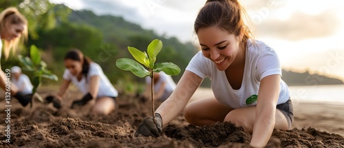 Community tree planting event beachside environmental action natural setting close-up view sustainability concept