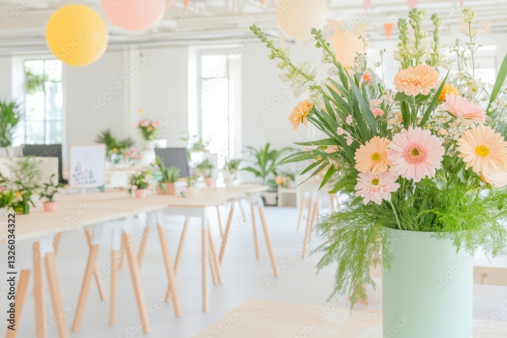 Modern open office space filled with natural light, featuring a fresh floral arrangement and pastel decorations, creating a cheerful and creative work environment. Modern open office space filled with natural light, featuring a fresh floral arrangement and pastel decorations, creating a cheerful and creative work environment.