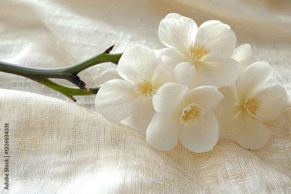Elegant White Flowers Resting on a Textured Beige Fabric Background, a Delicate Still Life Image Elegant White Flowers Resting on a Textured Beige Fabric Background, a Delicate Still Life Image
