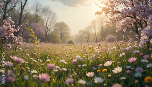 Spring Wildflower Meadow with Blooming Trees