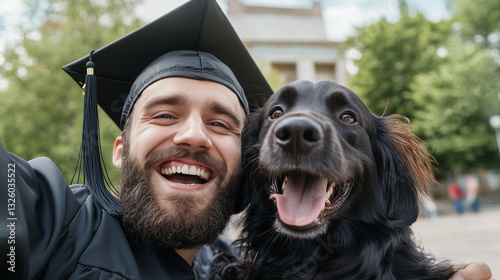 joyful graduate, filled with pride, captures selfie with their furry best friend on graduation day, celebrating academic success with canine companionship