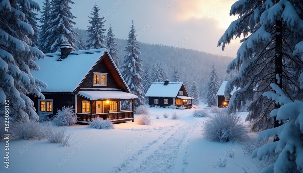 Fototapeta premium Charming winter scene of log cabins in deep snow surrounded by snowy trees at dusk