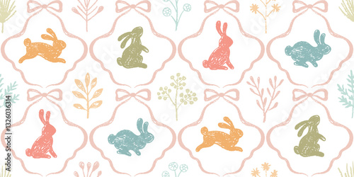 Bunny pattern with bow, flower. Cute Easter animal. Crayon print with coquette bow ribbon. Vintage bunny background, chalk texture. Seamless design, kid birthday or Easter. Rabbit vector drawing bg