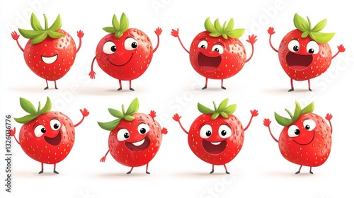 77.An illustration set of animated strawberries with comical faces and gestures. Each character is designed with a glossy red body, textured seeds, and bright green leaves for a lively and engaging