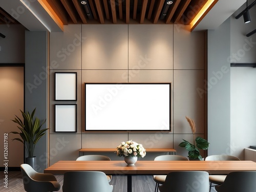 A modern office wall art mockup featuring branding elements and a display screen, decor, interior, business photo