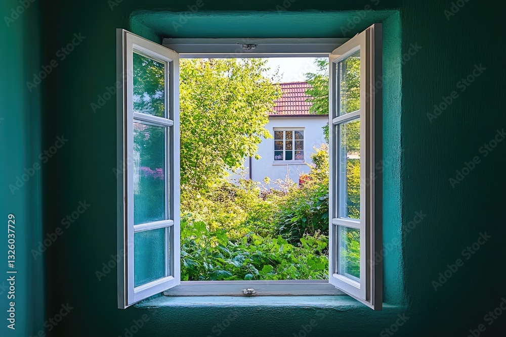 Open window with view of garden and house Open window with view of garden and house