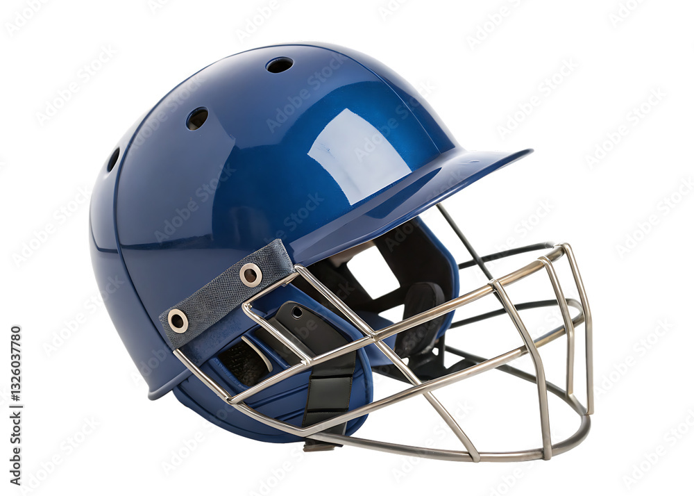 Fototapeta premium blue cricket helmet with protective grill isolated on white background PNG. GENERATIVE AI