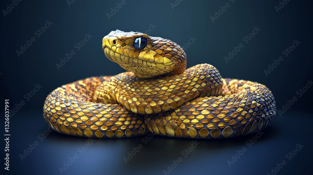 Golden Predator A Captivating Close-up of a Vibrant Coiled Snake on a Moody Background Golden Predator A Captivating Close-up of a Vibrant Coiled Snake on a Moody Background