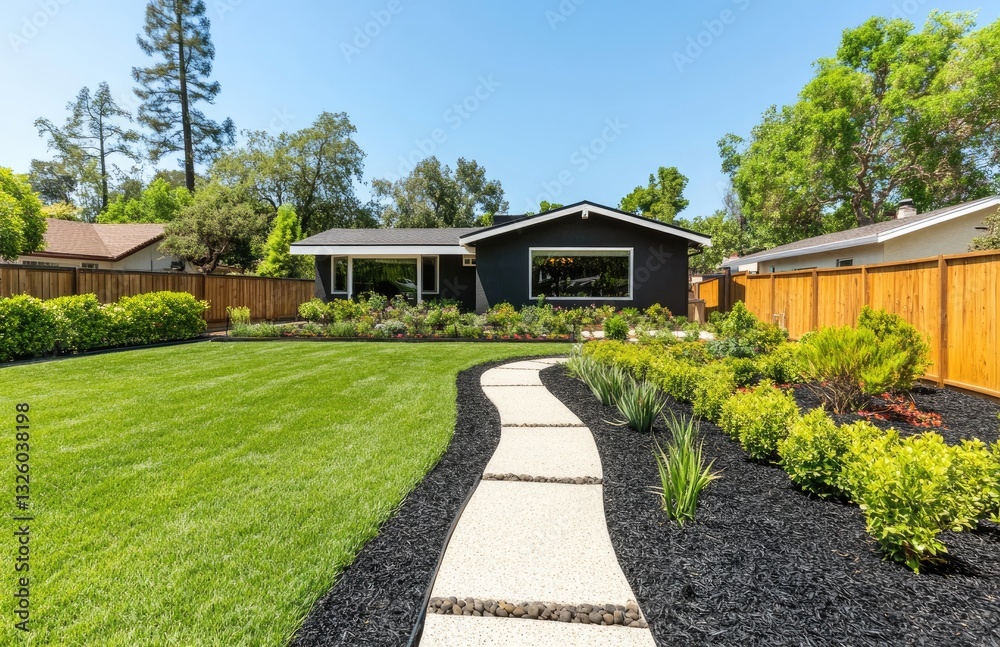 A clean and well-maintained backyard with lush green grass, neatly trimmed hedges, and an ornamental wooden fence in the background of a modern house exterior A clean and well-maintained backyard with lush green grass, neatly trimmed hedges, and an ornamental wooden fence in the background of a modern house exterior