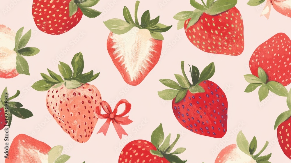 4.A playful strawberry-themed pattern with detailed fruits and leafy stems, accented by tiny bows in shades of red and white. The background is a solid pastel pink with a smooth, clean finish. 4.A playful strawberry-themed pattern with detailed fruits and leafy stems, accented by tiny bows in shades of red and white. The background is a solid pastel pink with a smooth, clean finish.