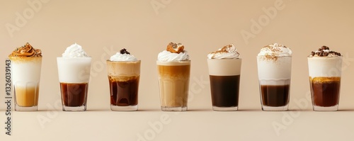 Obraz na płótnie A collection of eight different types of coffee drinks, each with a unique topping and layered design. w salonie