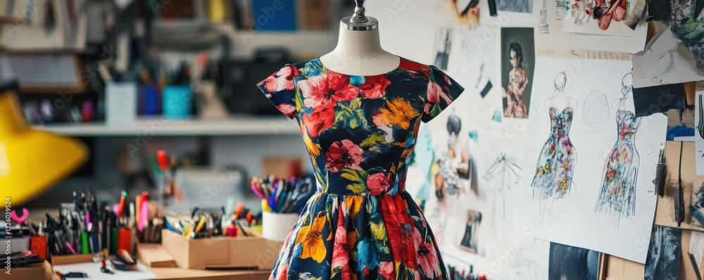 A colorful floral dress on a dress form surrounded by fashion design sketches, tools, and materials on a cluttered desk.