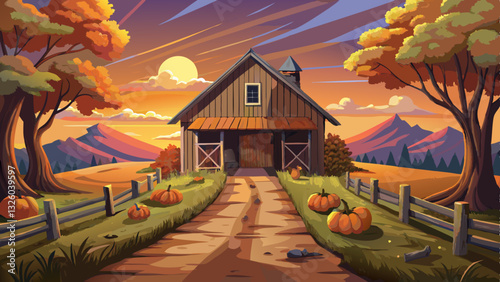 A rustic wooden barn with a porch lined with pumpkins at sunset, set in a rural landscape with a dirt path leading to the horizon.