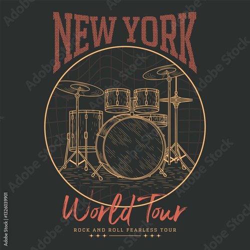 Drum vintage vector t shirt design. Music drum poster design. Music world tour. Rock and roll artwork for apparel and others, Rock and roll vintage print design, Rockstar vector artwork.